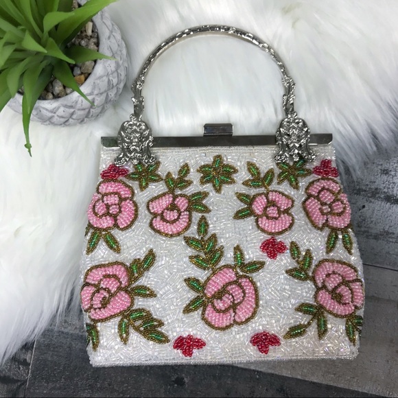 Accessories - Vintage beaded floral handbag white pink and green